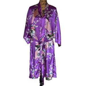TH New Fashion Vietnam Purple Peacock Floral Silk Kimono Robe XL/2X